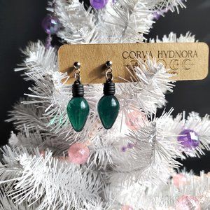 Pair of Handcrafted Transparent Green Christmas Light Bulb Dangle Earrings